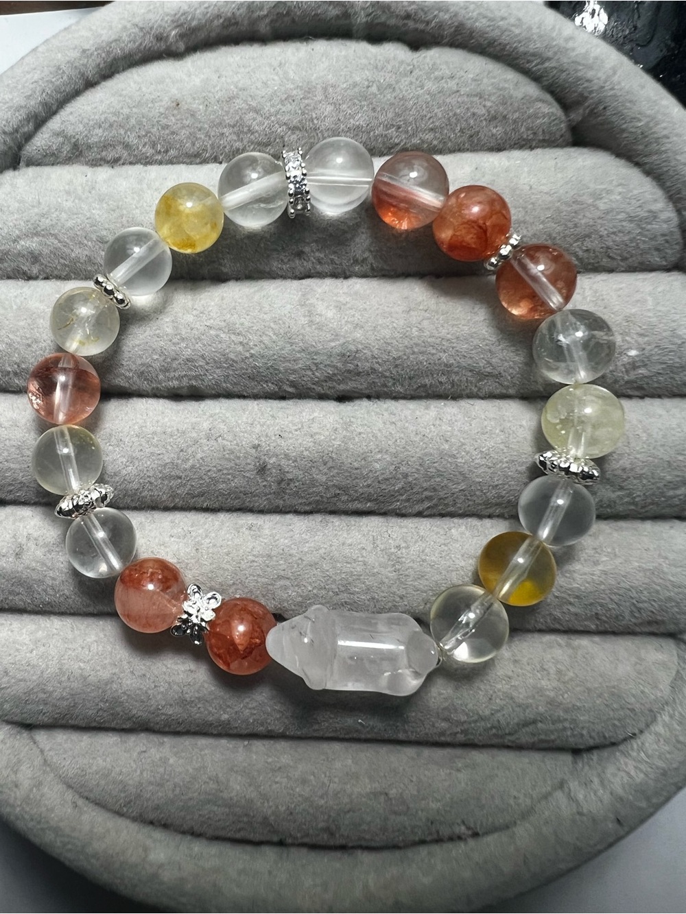 Multicolor Crystal Bead Stretch Bracelet with Clear Quartz Dog Accent